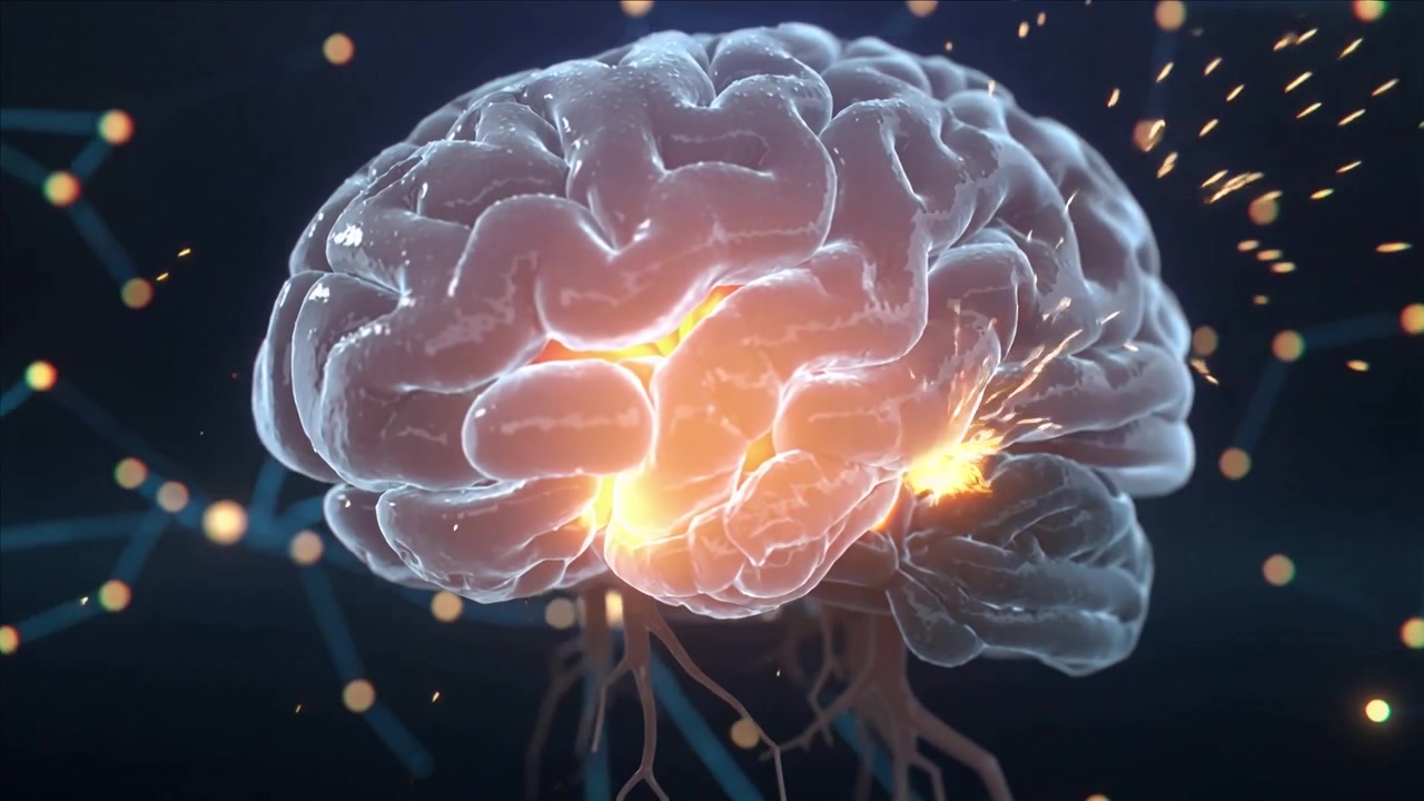 Sending sparks from warm core, 3D brain with roots rotating in neural-net showing neural activity