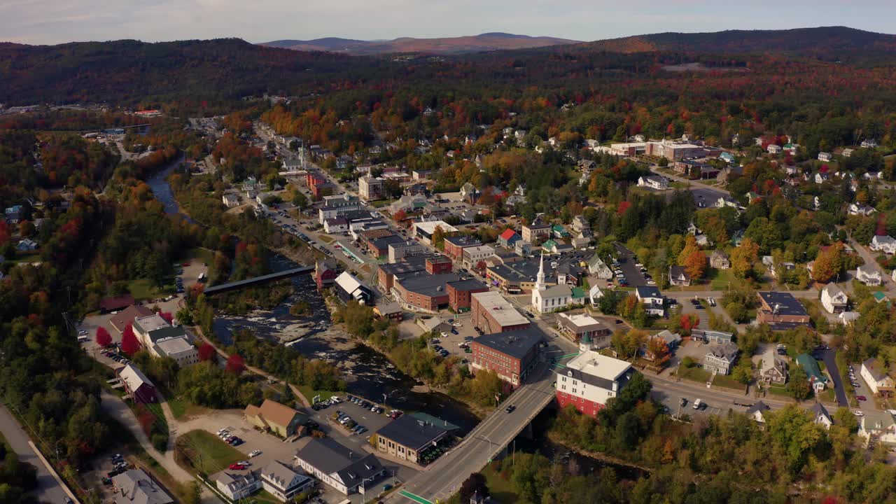Quaint New England town of Littleton New Hampshire in iconic White Mountains during autumn