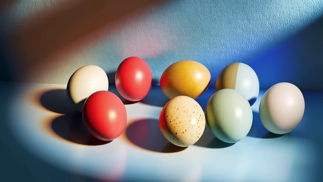 A vibrant arrangement of beautifully colored eggs illuminated by soft light, showcasing their unique designs and textures against a contrasting background