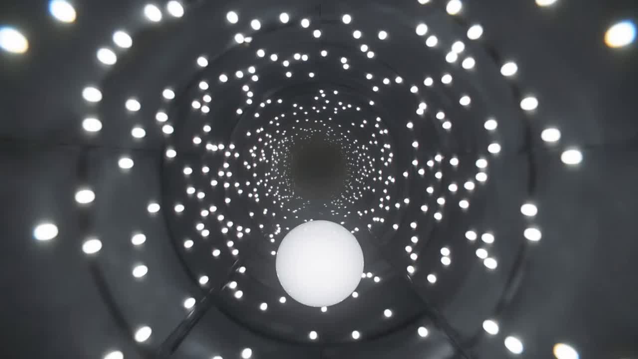Moving camera revealing bright white sphere at center in art tunnel, creating vanishing LED dots