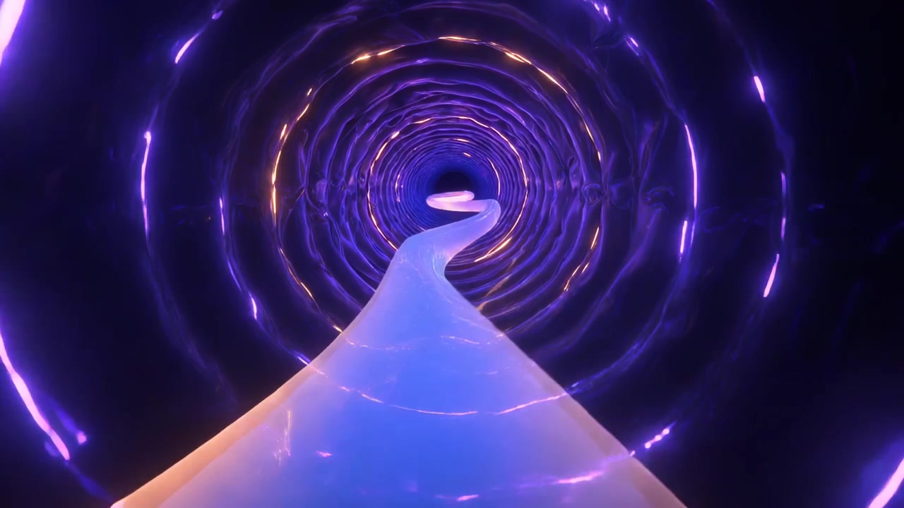 Advancing ribbon winding toward dark opening while viewpoint moving, purple rings and sparks