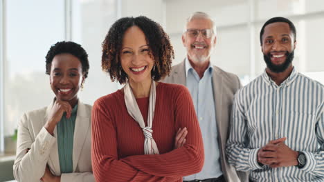 a diverse business team poses in a modern office environment