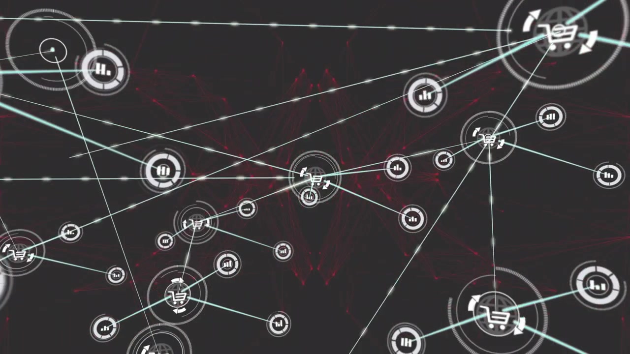 Animation of bar graph, shopping cart icons over red globe and abstract pattern on black background