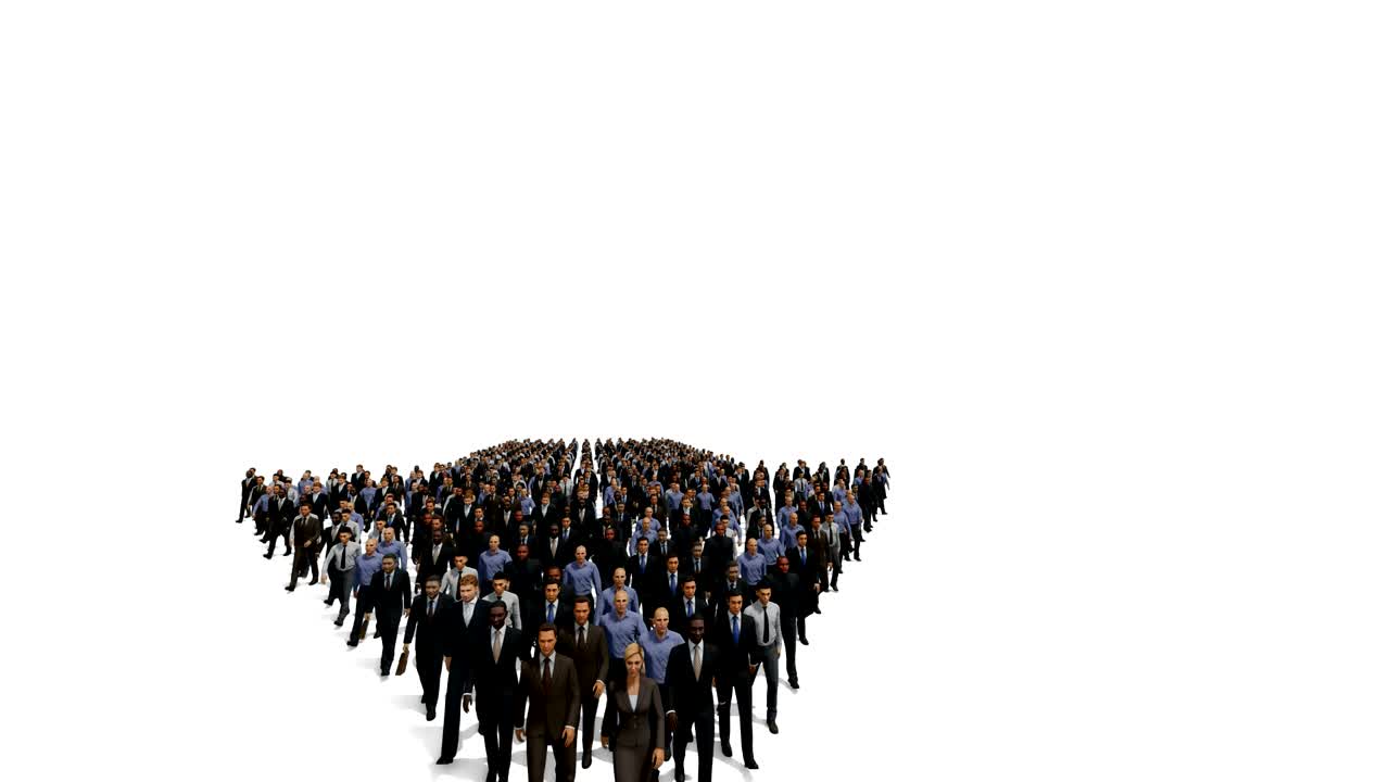 Businessmen with a businesswoman in front forming arrow shape pointing right, 4K against white