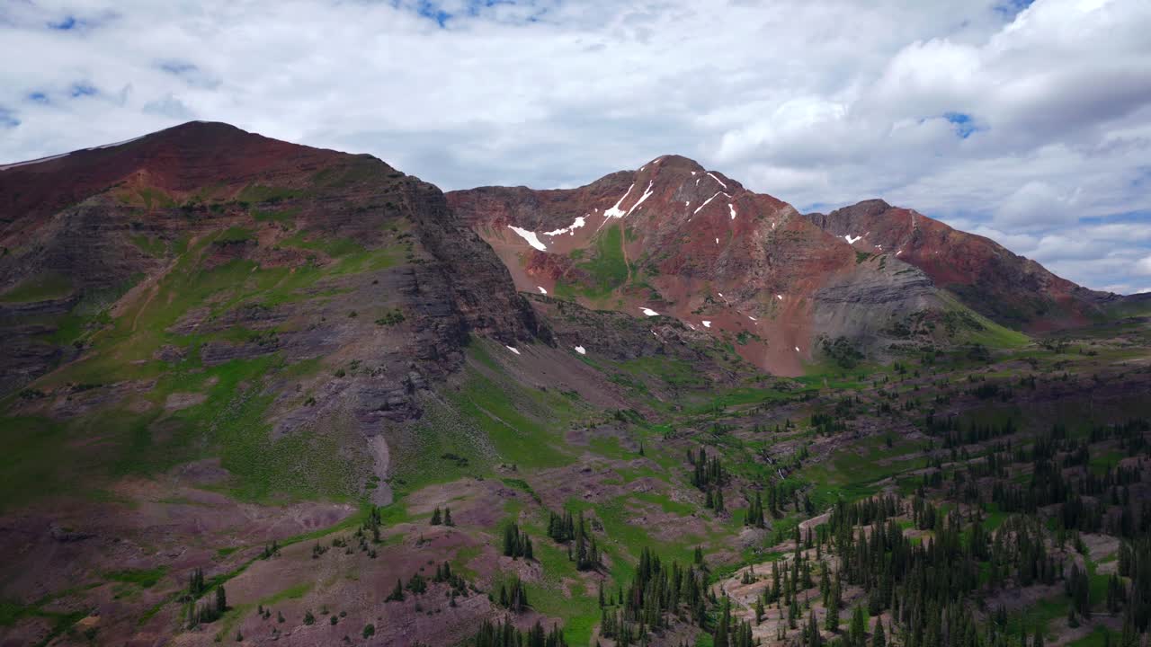Ruby Peak Kebler Pass Lake Irwin Trailhead spring summer aerial drone Robinson Basin Crested Butte Colorado Gunnison National Forest morning daytime blue sky clouds snow fields circle right up