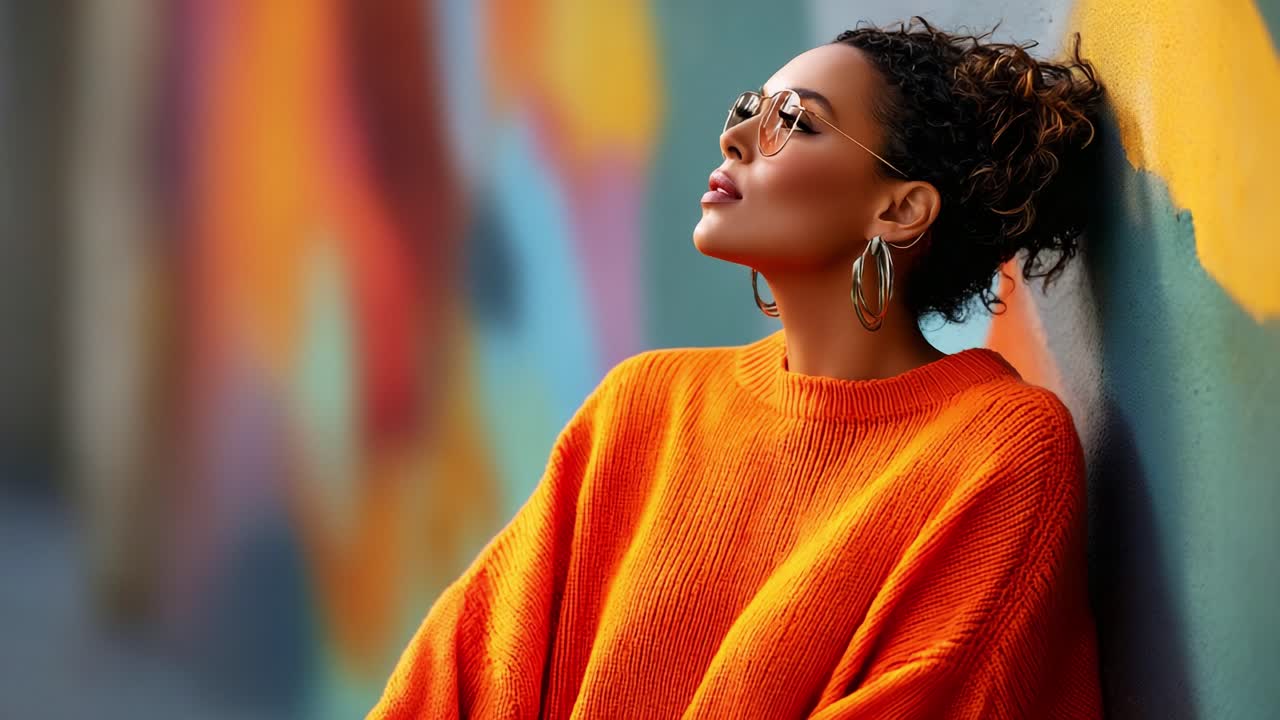 A Young Woman Exudes Confidence and Style in Bright Orange Sweater, Relaxing Against a Colorful Wall in an Artistic Setting, Capturing a Moment of Fashion Inspiration and Joy