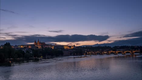 Time-lapse-of-Prague-river-with-busy-boat-traffic-and-beautiful-medieval-architecture