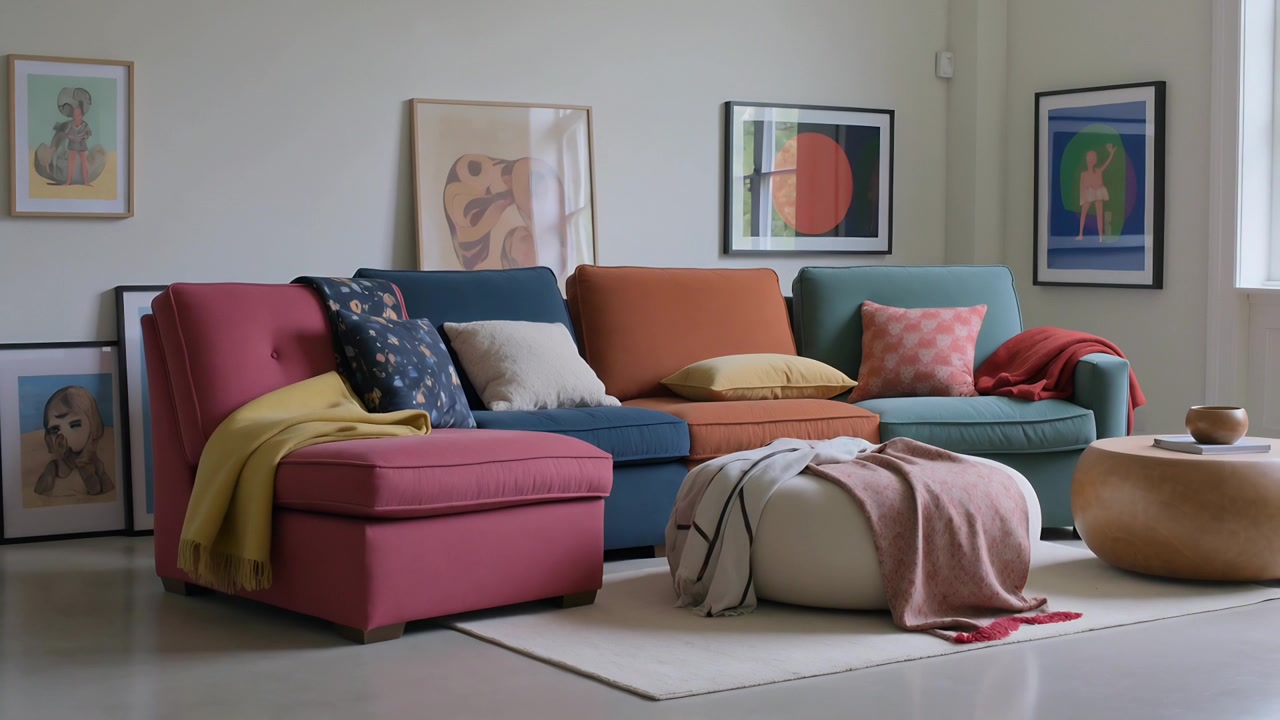 Panorerende kamera viser en farverig modulær sektionssofa centreret i et showroom, med puder.