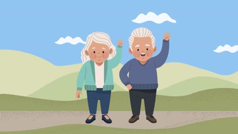 una pareja de ancianos en un paisaje de personajes de animación