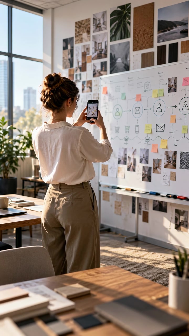 Vista da dietro, una donna tiene uno smartphone verso una grande lavagna bianca coperta da diagrammi di flusso, note e immagini di riferimento, mentre la calda luce del giorno riempie lo spazio di lavoro, le piante, i campioni e i tavoli