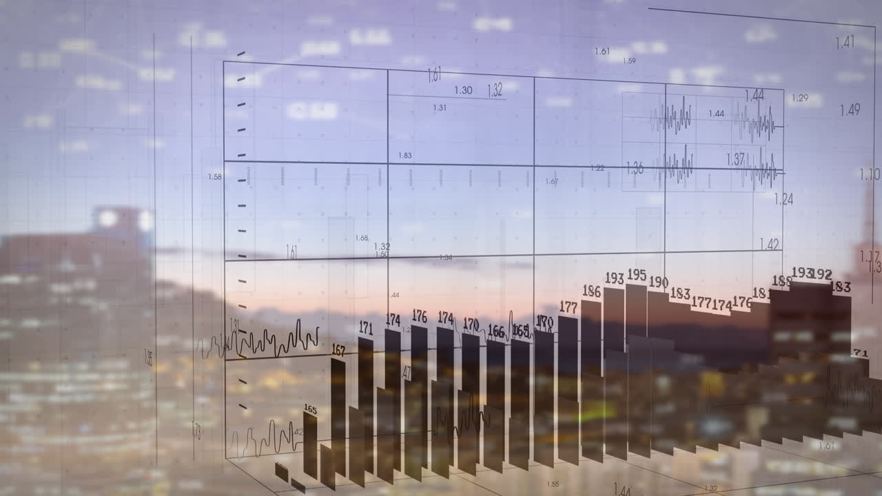 animación del procesamiento de datos financieros sobre el paisaje urbano
