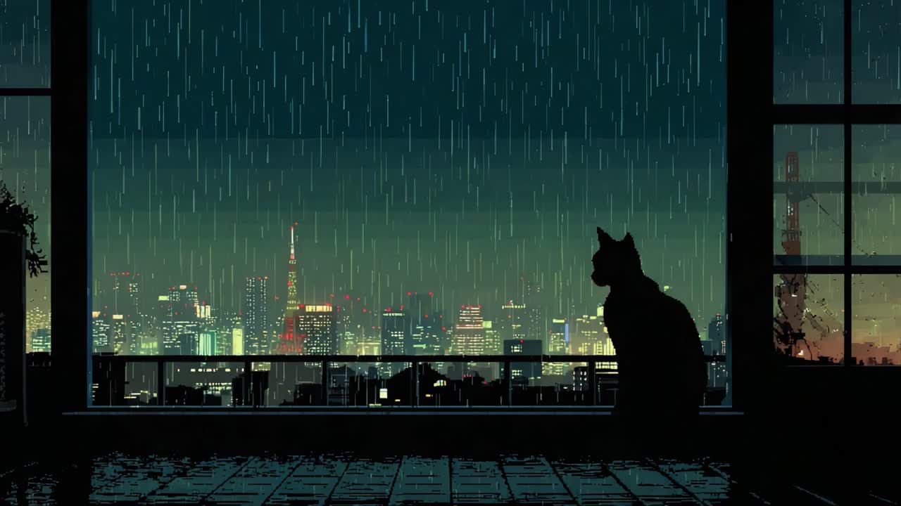 La silhouette serena di un cane che osserva il panorama notturno piovoso della città da un accogliente spazio interno, con luci cittadine brillanti e delicate gocce di pioggia che intensificano l'atmosfera