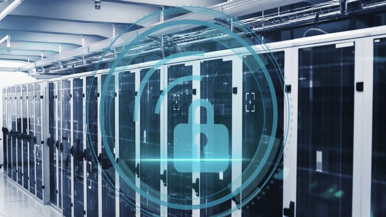 Animation of cyber security text banner and security padlock icon against computer server room