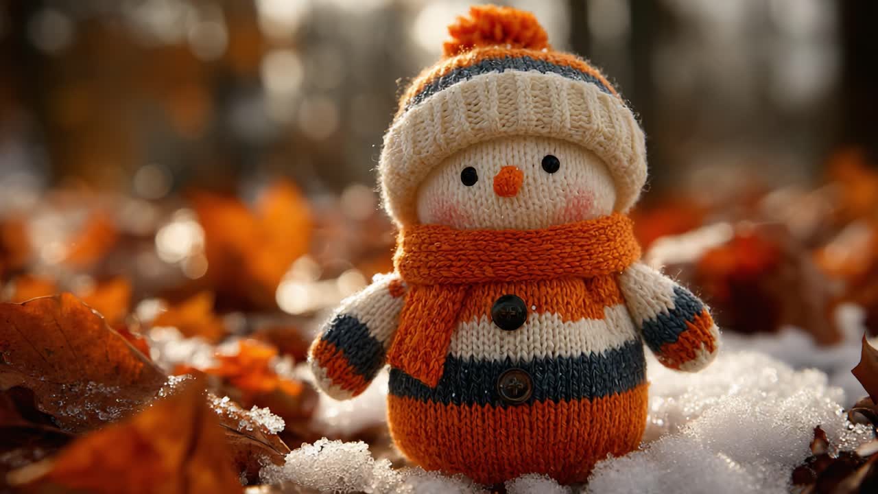 Charming Handcrafted Snowman Dressed in Cozy Knit and Bright Colors Surrounded by Autumn Leaves and Snow in a Serene Setting