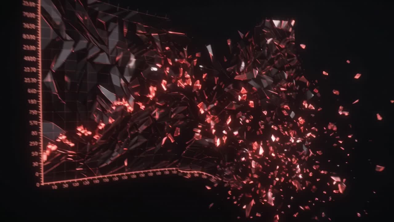 Red glowing stock graph rises, then shatters into sparks. Financial crisis or market crash visual. High-energy, dramatic visuals for finance, business, or tech themes