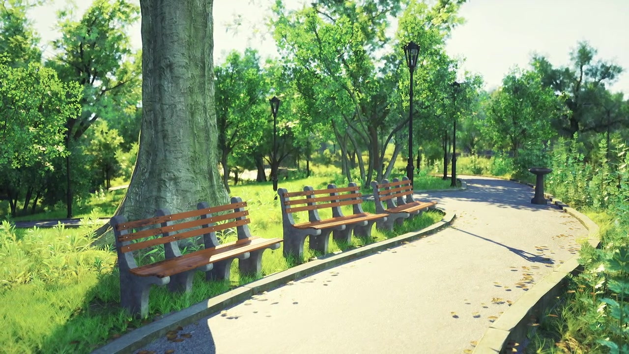 リラックスできる椅子と成熟した木々が並ぶ魅力的なランニングコース