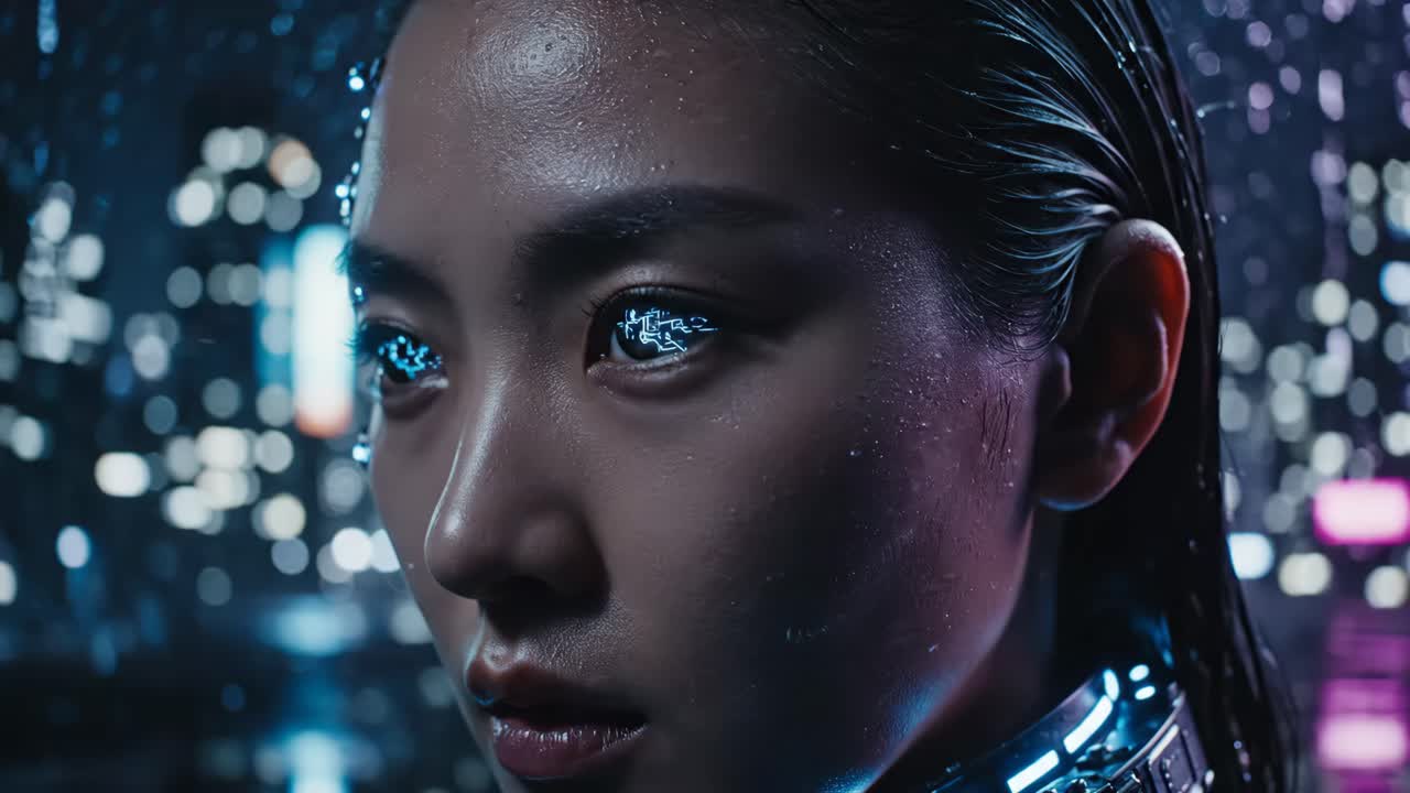 Donna asiatica cyberpunk futuristica con tecnologia IA
