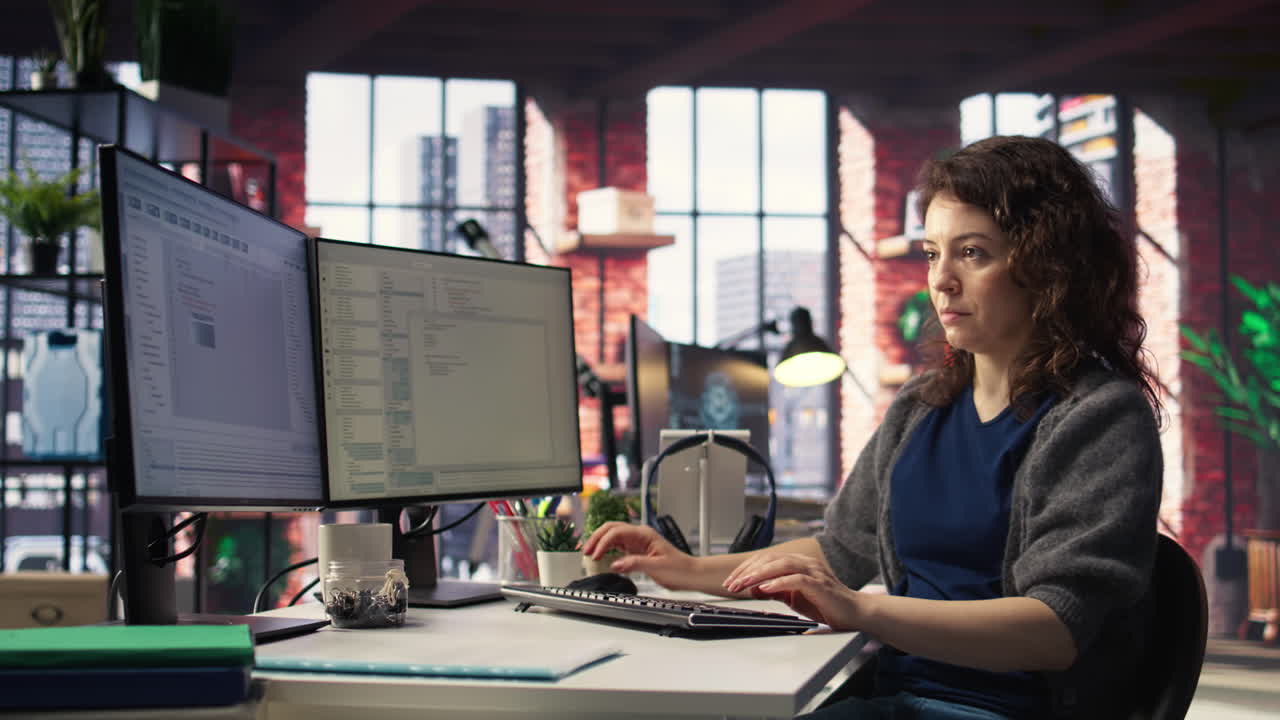 Software expert at workstation programming on pc and writing lines of code