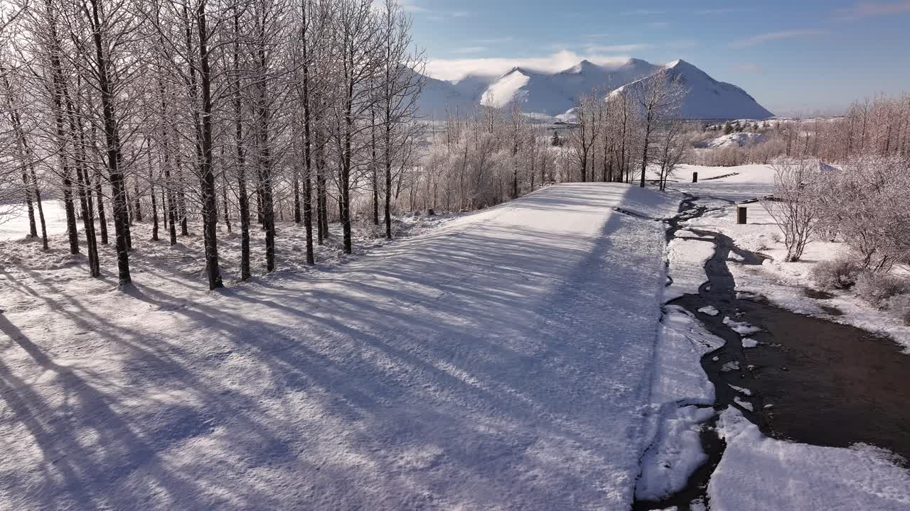 Snowy landscape with leafless trees, a frozen stream, and distant Icelandic mountains under blue sky, captured by a drone flying backward