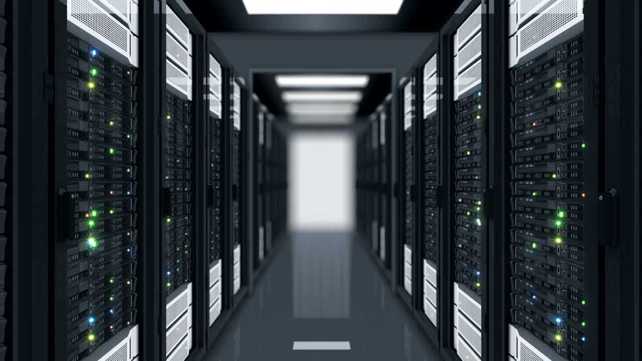 Looped Motion Through the Server Racks in Data Center DOF Blur. Beautiful Seamless 3d Animation with Flickering Computer Lights. Big Data Cloud Technology Concept.