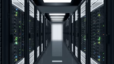 looped motion through the server racks in data center dof blur. beautiful seamless 3d animation with flickering computer lights. big data cloud technology concept.