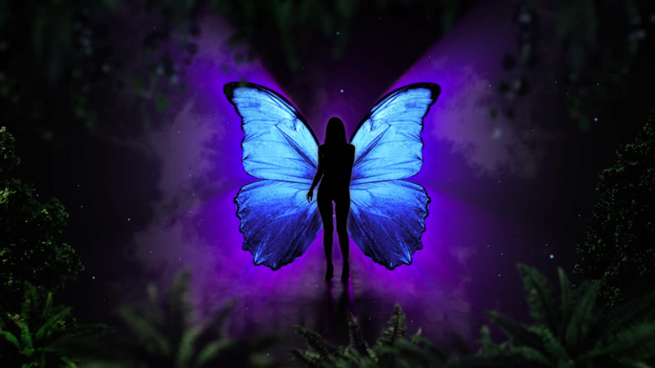 Silhouette of Woman with Glowing Blue Butterfly Wings in Mystical Forest