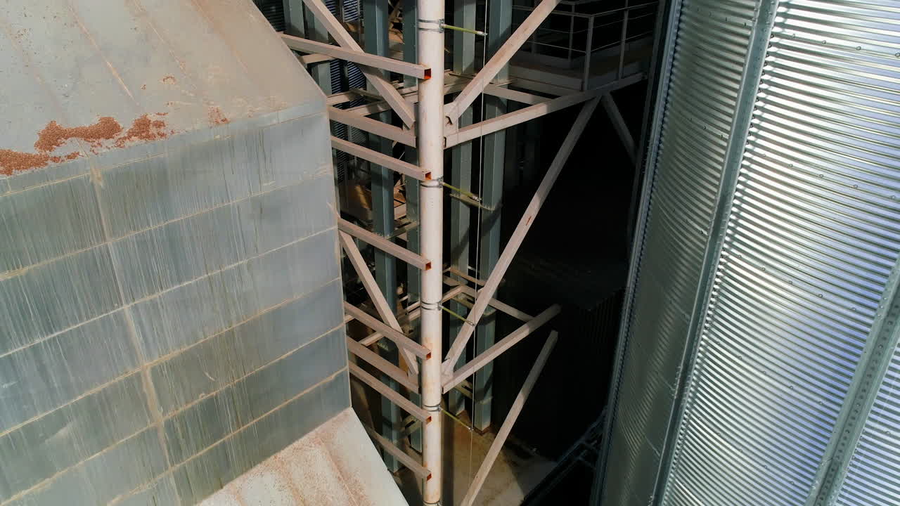 Aerial top view of Grain Elevator. Metal elevator in agriculture zone.