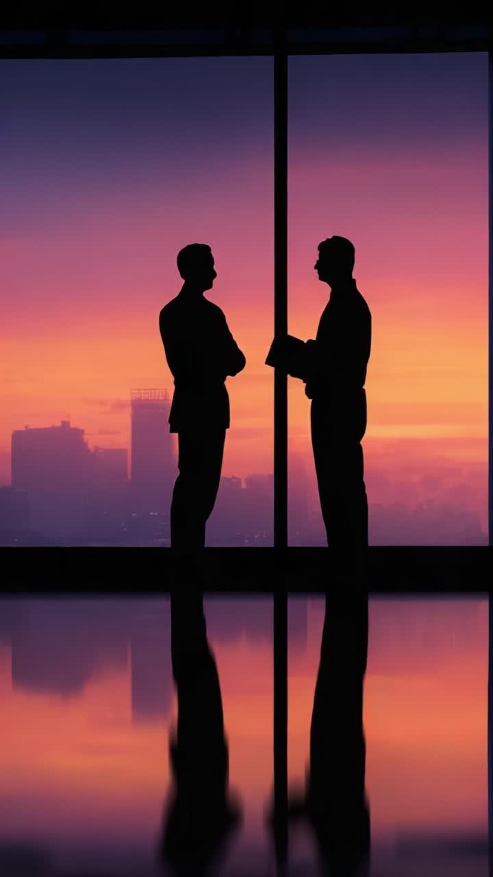 Due uomini d'affari in silhouette sullo sfondo di un tramonto dai colori vivaci in un moderno ufficio, impegnati in una conversazione approfondita che riflette le dinamiche professionali e la collaborazione