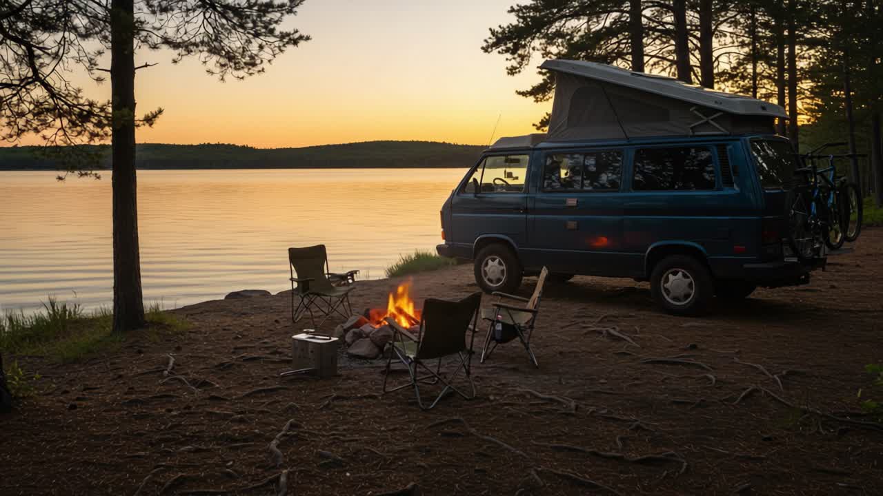 A tranquil sunset scene at a lakeside campsite, showcasing a camper van, a cozy campfire, and folding chairs set against serene water and pine trees