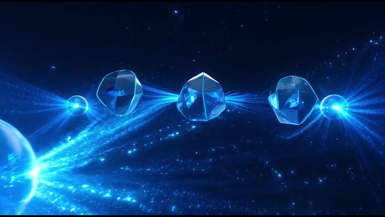Abstrakt animation af glødende blå kugler og geometriske krystaller, der forbinder