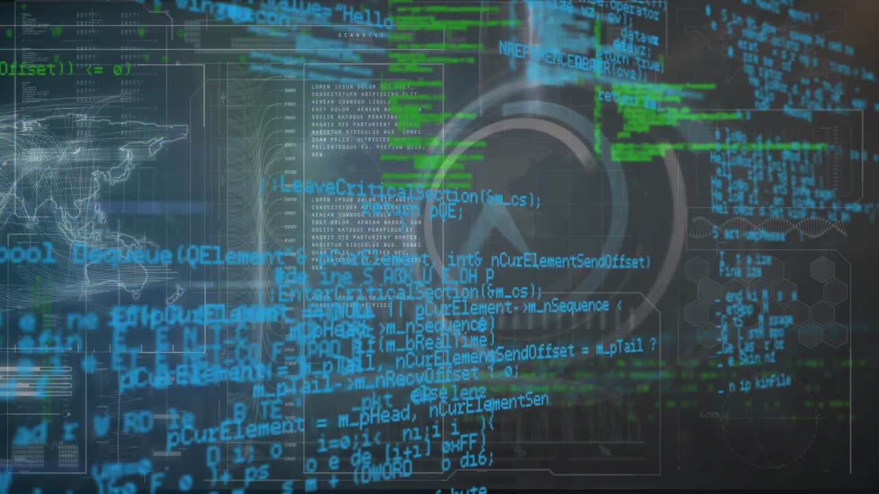 Animation of computer language over digital clock, dna helix and map against abstract background