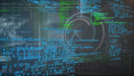 animazione del linguaggio informatico su orologio digitale, elica del dna e mappa sullo sfondo astratto.