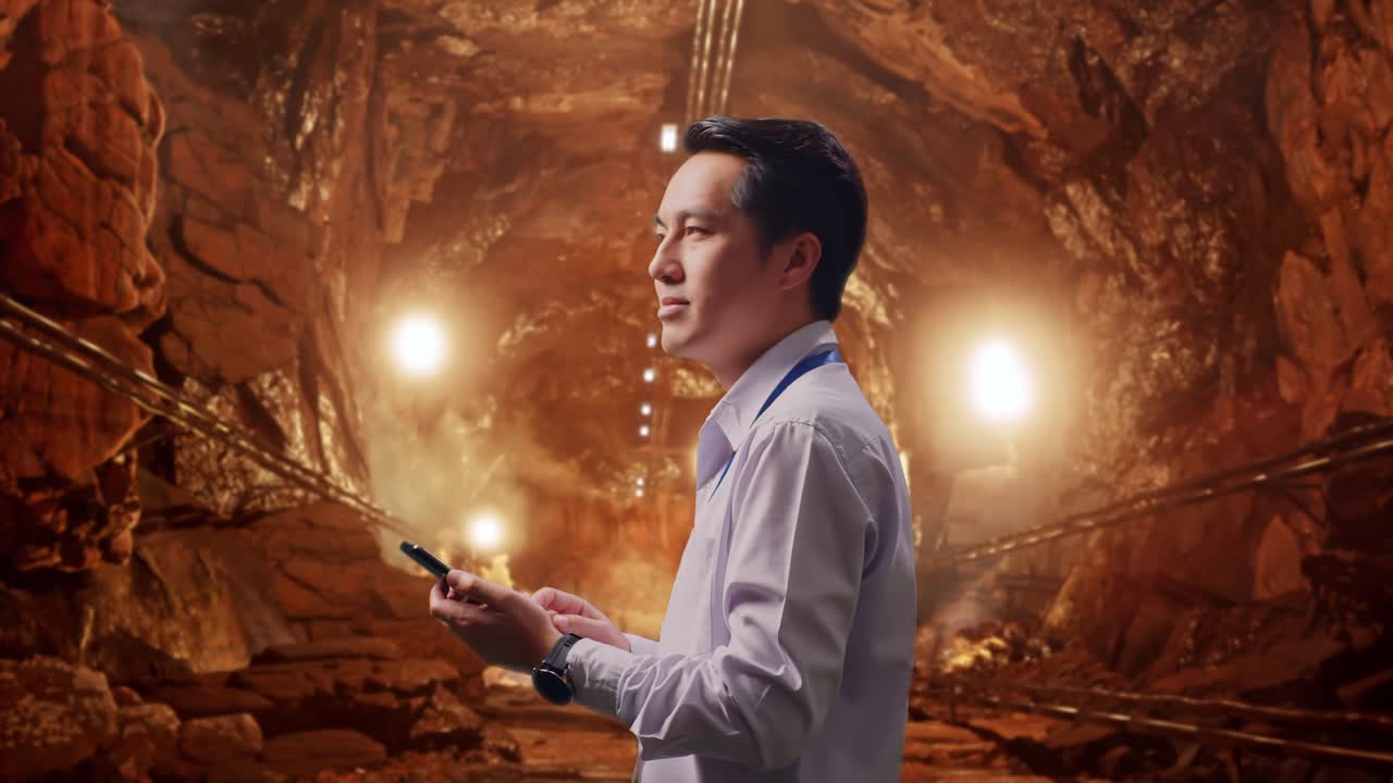 Side View Of An Asian Male Professional Worker Standing In Underground Mine Tunnel, Observes By Looking Up Then He Come To Concentrating On The Phone And Keep On Checking