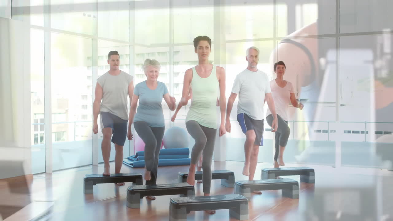 fitness group performing step exercises on platforms in studio, showing animated health metrics