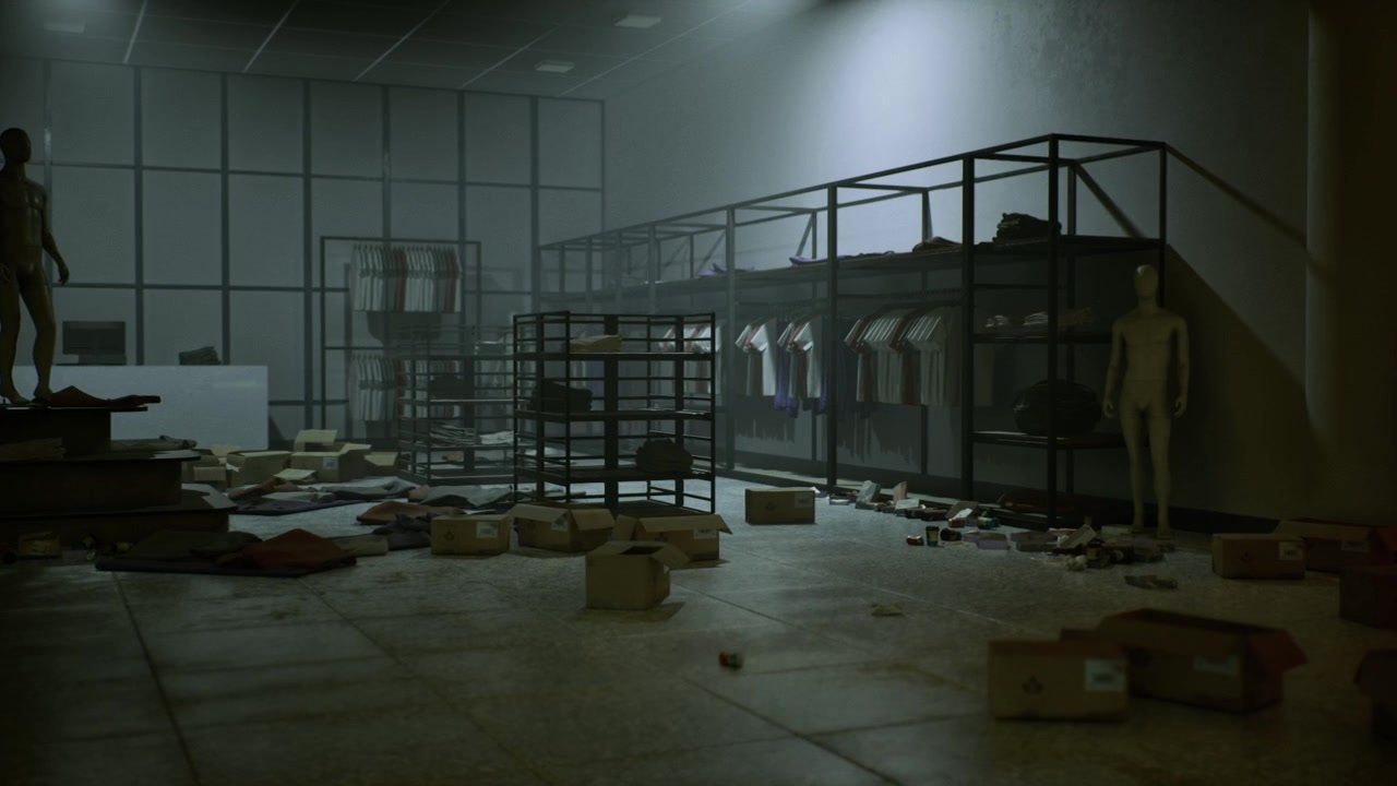 Scene depicting mannequins in theatrical setting with moody lighting