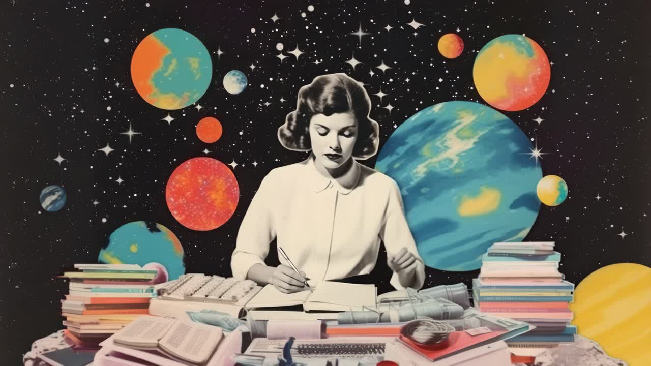 Retro-futuristic collage of a woman writing at a desk, surrounded by planets