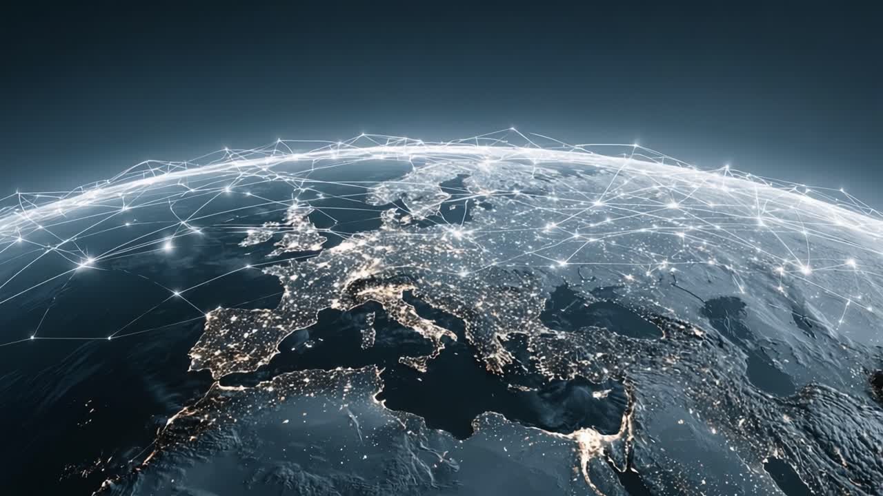 A Stunning Aerial View of Europe Illuminated at Night Showcasing Interconnected Networks of Light Against a Dark Background