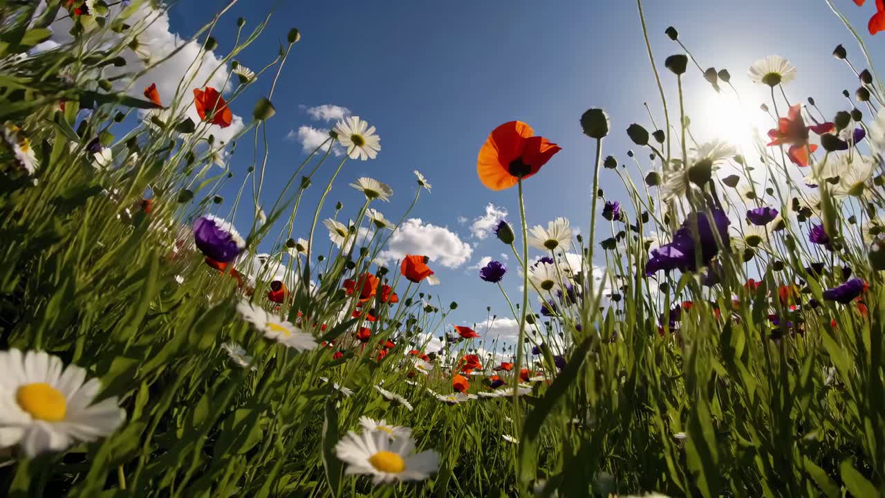 Video da angolazione bassa di un vivace prato di fiori selvatici sotto un cielo azzurro, che cattura margherite e papaveri