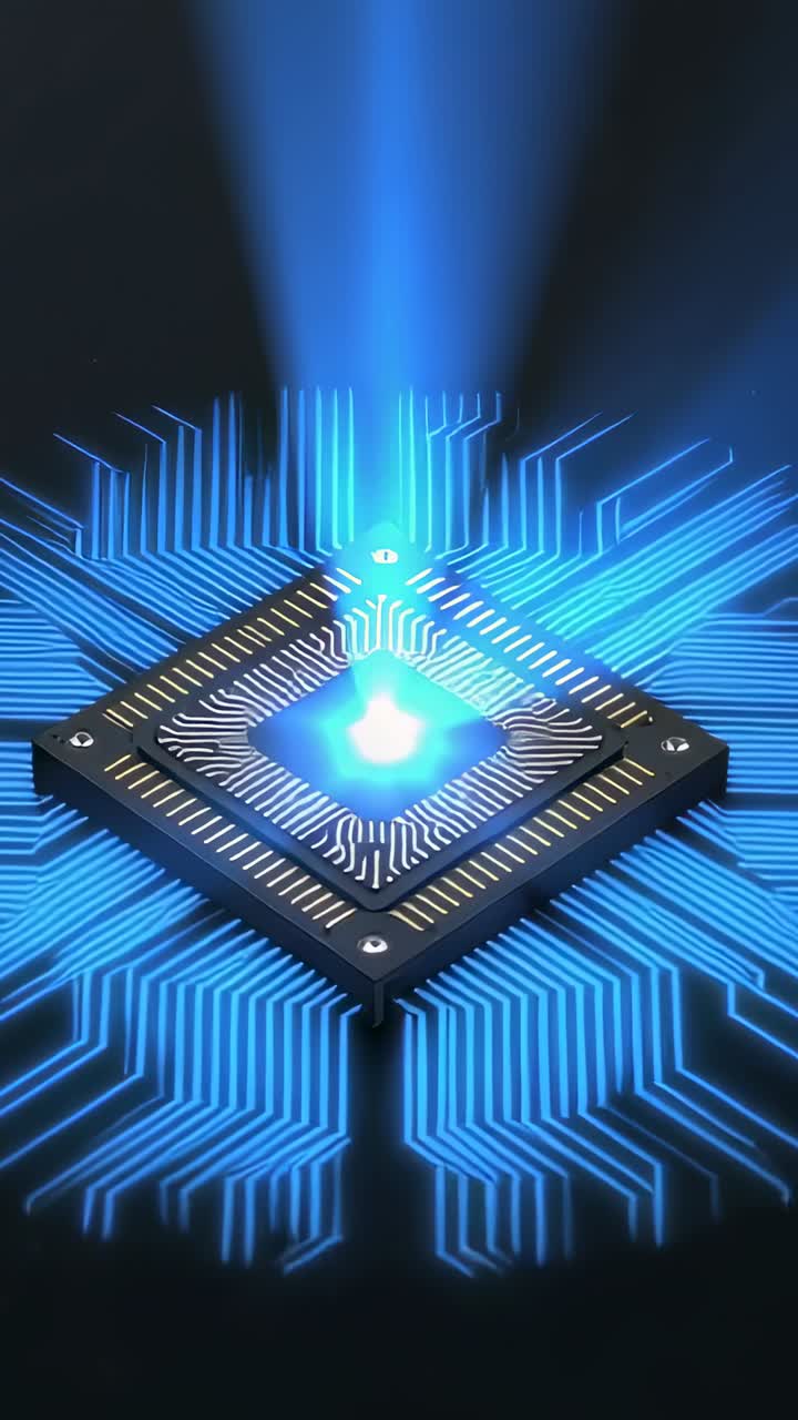 Vertical video: Powering chip module as core brightening on dark plane, activating radial circuits