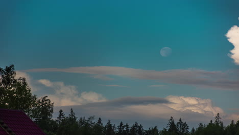Zeitraffer-Stimmungsvoller-Wolken,-Die-Mit-Dem-Mond-Und-Den-Baumwipfeln-über-Den-Himmel-Ziehen