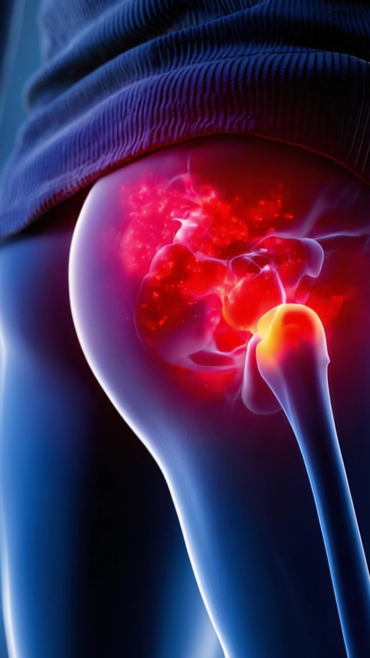 Visualizzazione Dettagliata dell'Anatomia dell'Articolazione dell'Anca che Evidenzia Dolore e Infiammazione nel Corpo Umano per Scopi Educativi e Medici