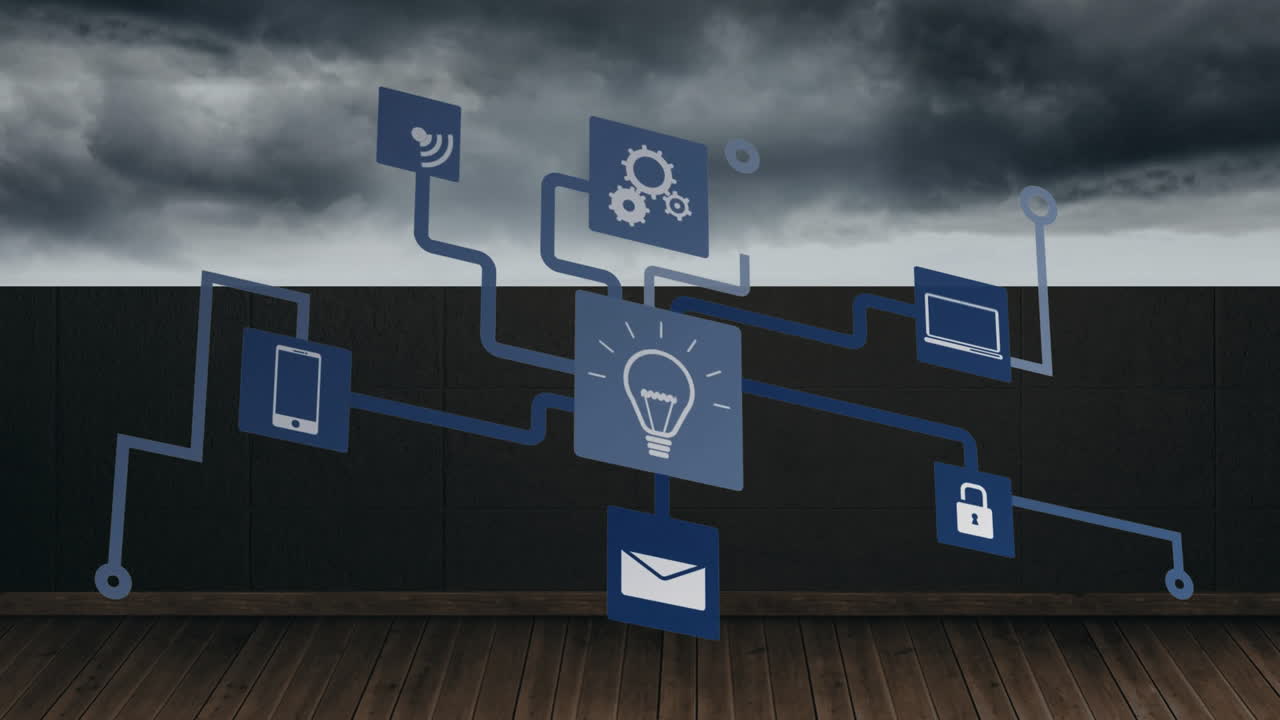 Central lightbulb icon shining in flat design under stormy clouds, linking blue tech icons
