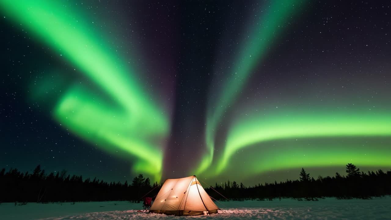 Mesmerizing Aurora Borealis Illuminating the Night Sky Over a Cozy Tent in a Snowy Landscape, Capturing Nature's Breathtaking Beauty and Serenity