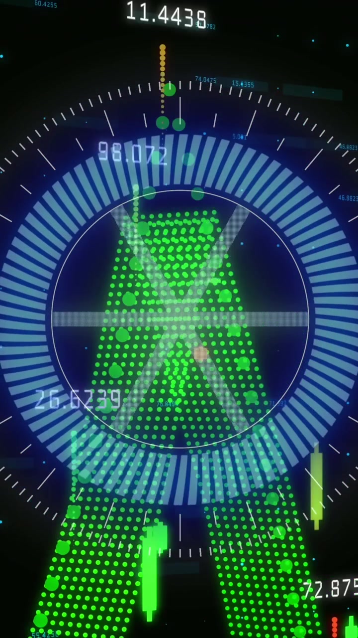 Animazione di elaborazione di dati finanziari e scanner rotondo al neon che gira su sfondo nero.