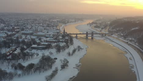 aerial view of kaunas city in the sunny winter morning