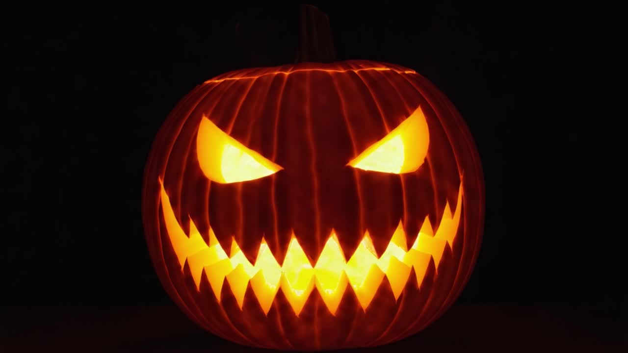 A Spooky, Glowing Jack-o'-Lantern with Sinister Eyes and Jagged Grin, Perfect for Setting the Halloween Mood and Creating an Eerie Atmosphere