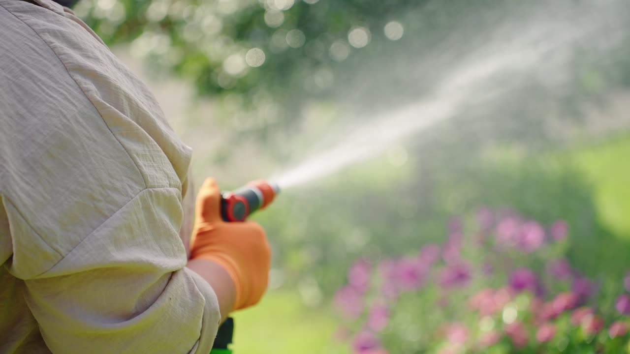 Giardiniere che innaffia i fiori con un tubo, catturando il verde lussureggiante e le fioriture vivaci in una splendida ambientazione esterna, che mette in mostra la gioia del giardinaggio