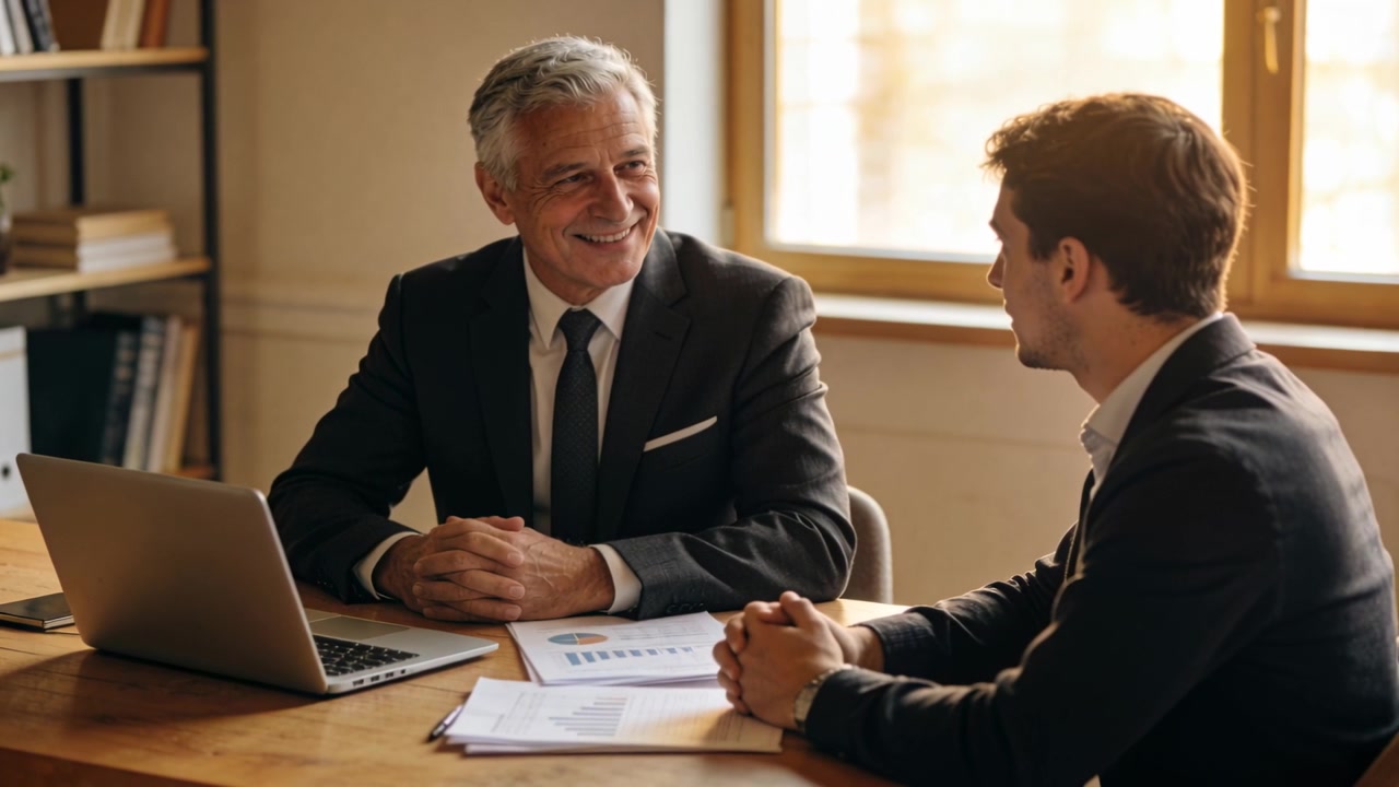 Smiling senior exec in suit leading office meeting, pointing at laptop and charts to review results