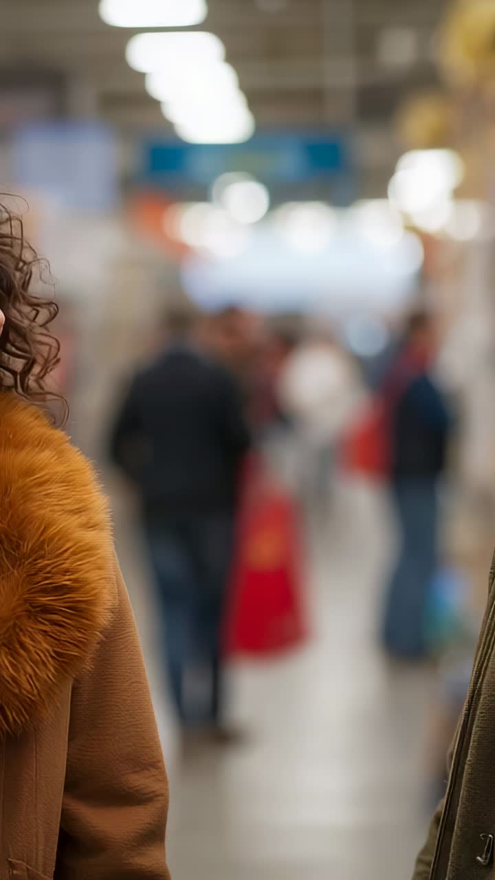 Vertical video: Camera panning couple smiling and greeting in store aisle with coats, shelves