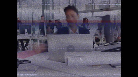screen with bands interference showing woman working